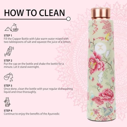MERCAPE® - 100% Pure Joint Less Copper Bottles for Water with Leak Proof Lid | Ayurveda BPA Free & Non Toxic | Ayurvedic Office | Flower Print Bottle | Hiking Treking Bottle - 900ml 4