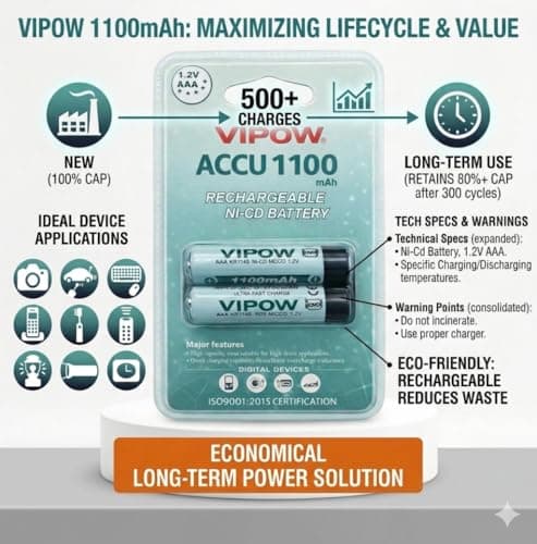AAA Rechargeable Batteries (Pack of 2) | 1100mAh High-Capacity Ni-CD | 1.2V Triple A Cells for TV Remote, AC Remote, and Wireless Mouse 4