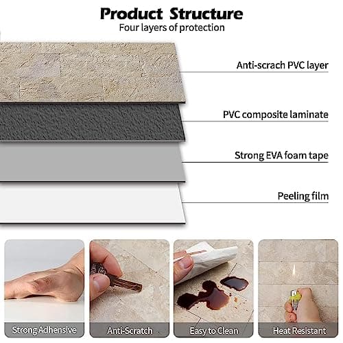 Niyanta Self-Adhesive and Removable PVC Marble Floor Tile,Vinyl Flooring,Marble Tile Sticker Moisture Proof, PVC Wall Panels, Granite Look Wall Sticker for Wall Floor Home Kitchen - 4pcs (Cream) 4
