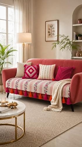 Throwpillow Phool Rangoli Festive Floral 5 Seater Waterproof Sofa Cover with Tassels for Living Room|3 Seater & 2 Seater Wooden Sofa Throw|6 Pc Set(3+2):2 Seat Covers & 4 Armrest Covers|Sofa Throw 2