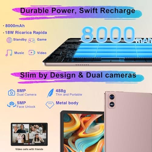 Dghrti 2025 Android 14 Tablet, 22G+128G/1TB, 10 Inch Tablets with 8000mAh Battery, Octa-Core, GPS, Split Screen, Face Unlock, 2 in 1 Tablet with Keyboard, Mouse, Case, Gold 4