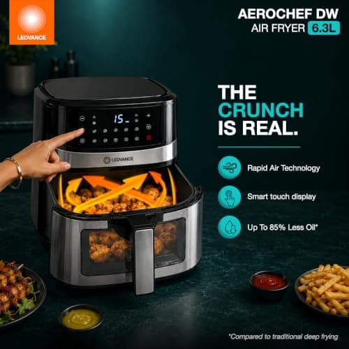 Ledvance Air Fryer | 6.3LCapacity & 1600W | 10 in 1 Functions | Digital & Touch Control Panel | 360°Rapid Air Circulation | 85% Less Oil Usage | Glass View | 9 Pre Heat Settings | 2 Year Warranty 5
