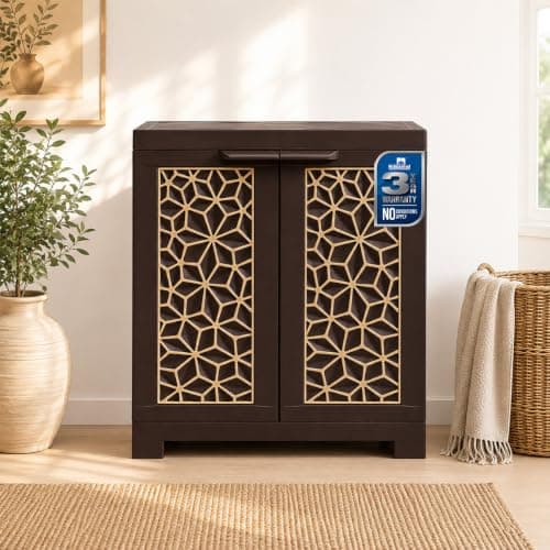 Nilkamal Freedom Star (FMSC09STR) Shoe Rack Plastic Cabinet | 3-Year Warranty | Dustproof Chappal Stand with Door | Indoor & Outdoor | Weather Brown & Biscuit