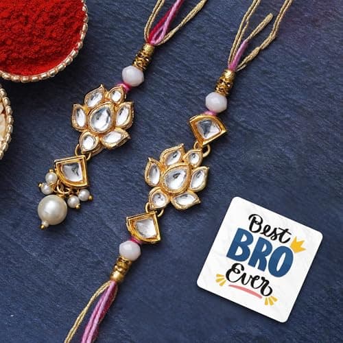 eCraftIndia Set of 2 Lotus Floral Kundan Designer Rakhis, Best Bro Ever Fridge Magnet with Roli Chawal Pack - Rakhis for Brother, Bhabhi, Kids