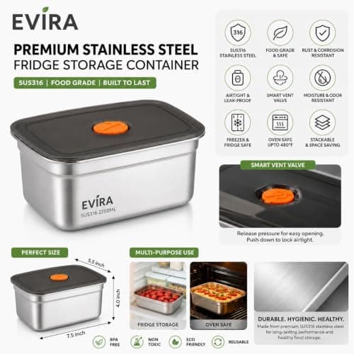 EVIRA 316 Stainless Steel Fridge Storage Box Set– 1500 ML (Pack of 6) Premium Food Grade & Leakproof Container | Airtight Locking Lids | Microwavable, Freezer & Dishwasher Safe Kitchen Organizer 2