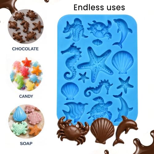 BAKEMO 14 Cavity Ocean Theme Silicone Chocolate Mould | Sea Animal & Seashell Shape | Food Grade BPA-Free Flexible Non-Stick Reusable Mold for Chocolate, Candy, Jelly, Ice Cubes, Resin & DIY Crafts 3
