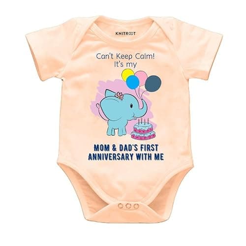 KNITROOT Mom & Dad Family Special Onesies, Unisex Baby Kids Cotton Lycra Envelope Neck Half Sleeve Peach Romper, Bodysuit, Sleepsuit, Mom & Dad First Anniversary, 3-6 Months, Infant Cloths