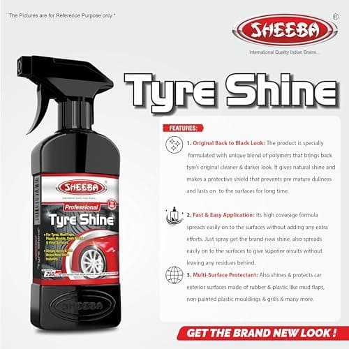 SHEEBA TYRE SHINE Polish with foam applicator pad for Cars & Bikes, Original Back to Black look, Long Lasting Results, for Rubber, Plastic Parts, Prevents Premature Ageing, Dullness, Non Greasy: 250mL 5