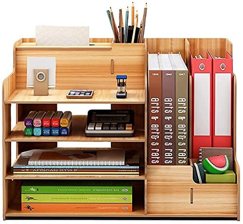 CRISELL Wooden Office Desk Organiser and Accessories, Multi-Functional Stationary Supplies Desktop Organizer Set, Small Wood Desk Organization, Easy Assembly Table Organiser (Desk Organizer)