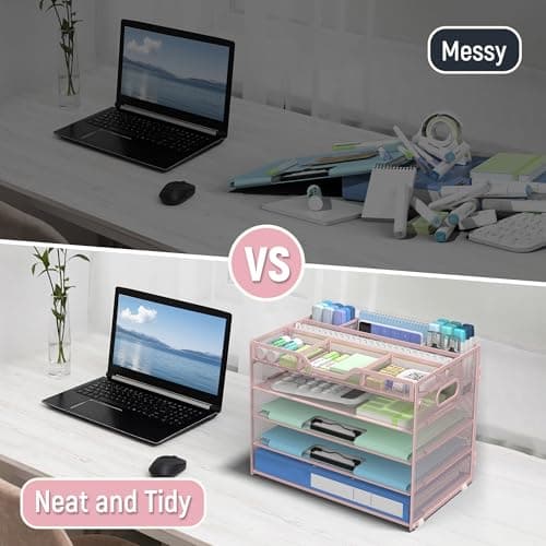 DocNest 5 Tier Mesh Desk Organizer- Letter Tray with Adjustable Compartments, Built in Pen Holder and Handles, Stackable Paper Organizer for Paper Mail Documents Office Supplies–Pink 2