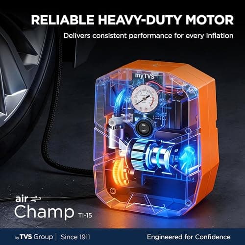 myTVS air Champ Portable Tyre Inflator for Car, Bike, Cycle with 100 PSI Pressure | 12V DC | Analog Air Pump for Car tyre with LED Torch & Long Cord | 1+1 Years Warranty (TI-15) 3