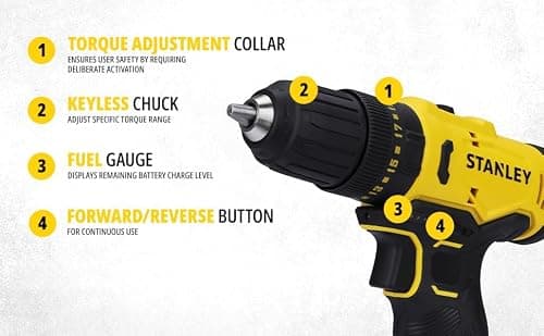 STANLEY SCH10D2K-IN(12 V)Brushed Cordless Hammer Drill Driver,2x2Ah Batteries&1.5A Charger,LED Light,Variable Speed Trigger Switch,Forward/Reverse Button,10mm Chuck,Clutch Setting 20+1,1 Year Warranty 4