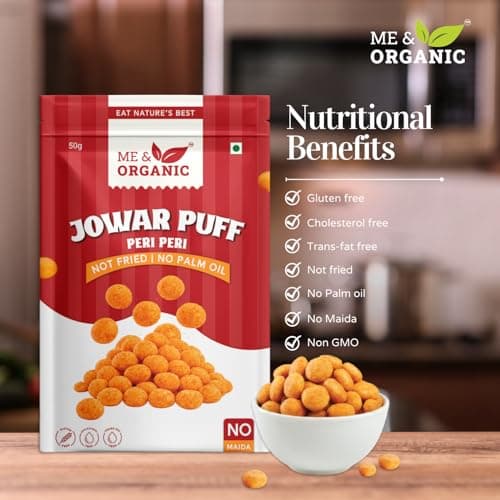 ME&ORGANIC Jowar Puffs Peri Peri Flavor | Healthy Roasted Sorghum Snacks | Gluten-Free, High Fiber, Light & Crunchy Snack | No Maida, No Preservatives | 50g Pack (Pack of 5) 3