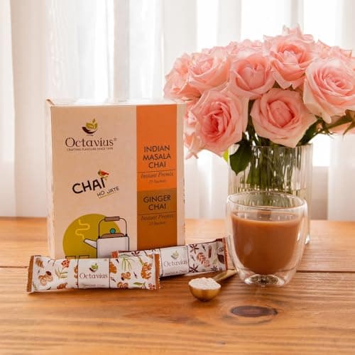 Octavius No Added Sugar Indian Masala Chai Premix 25 Sachets | Low Sugar Instant Beverage | Authentic Indian Spice Blend | 1-Minute Recipe Ready Mix | Convenient Single-Serve Pouches | Economy Value P 6