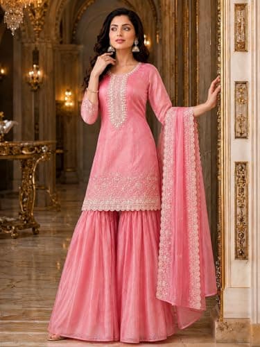 Anveri Textiles Women's Pink Embroidered Kurta Sharara Set with Dupatta | Ethnic Traditional Suit | Elegant Lace Work & Festive Outfit 5