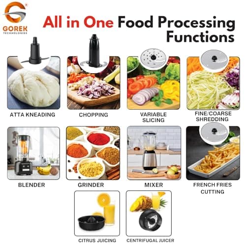 Gorek Technologies 1300W Food Processor with Copper Motor | 13-in-1 Multifunction Mixer Grinder | Premium Design & Finish Stainless Steel Jars, Dough Kneader, Citrus Juicer & Slicing Blades | GT-FP101 3