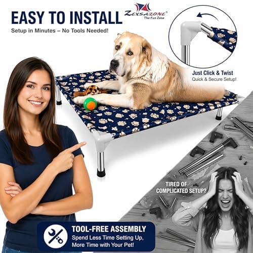 ZEXSAZONE Elevated Dog Bed 70x60x20 cm for Medium Dogs & Cats | Cooling Raised Pet Cot with Anti-Scratch Fabric | Foldable Portable Steel Frame Bed | Breathable Outdoor Indoor Dog Cot (Print Blue) 3