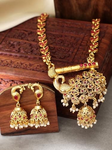 Rubans Women Gold-Plated Pink Handcrafted Faux Ruby Studded Jewellery Set 3