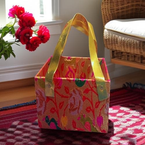 Decorative Basket with Vibrant Floral Patterns and Golden Handle - Perfect for Home Decor, Storage, and Gift Giving 2