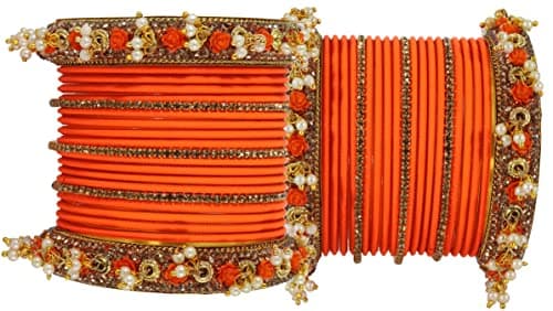 NMII Metal with Base Metal and Studded with Zircon Gemstone and Pearl linked Latkan Pattern Chuda set for Women/Girls, (Orange_2.6 Inches), Pack Of 42 Bangles 5
