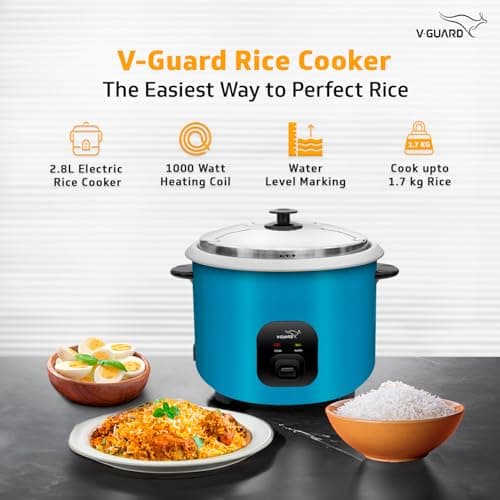 V-Guard VRC 2.8-Litre Electric Rice Cooker with 1000 W Power, 2 Pots, Spatula, Rice Separator | 5-Year Heating Plate & 2-Year Product Coverage by V-Guard | Automatic Cooking with Double-Layer Body & C 2