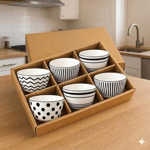 ONICORN Premium Ceramic Bowls Set of 6 | 400ml Black & White Geometric Bowls | Dishwasher Safe & Microwave Safe Ceramic Bowls | Soup, Rice & Cereal Bowls | Assorted Style Patterns | 6 Piece 3
