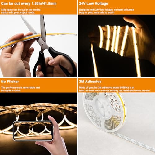 PAUTIX COB LED Strip Kit Warm White 2700K 504LEDs/m, CRI90+ 32.8ft/10m Dimmable 24V LED Strip Kit, Compatible with Alexa/Google Assistant, for DIY Lighting Under Cabinet Bedroom 3
