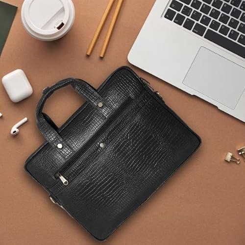 UZR INDIA Croc-Textured Leather Messenger Bag, Luxury Formal Sling for Men (Black) 2