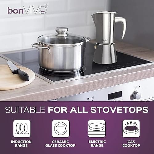 bonVIVO Intenca Stovetop Espresso Maker, Italian Espresso Coffee Maker 300 ml, Stainless Steel Espresso Maker Machine for Full Bodied Coffee, Espresso Pot for 5–6 Cups, Moka Pot Silver Chrome Finish 4