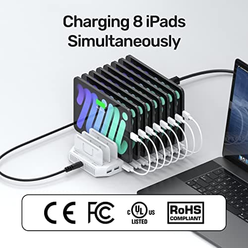 iPad Charging Station, Unitek 96W 10-Port USB Charging Dock Hub with Quick Charge 3.0, Charging Stand Compatible Multiple Device, Charging 8 iPads Simultaneously - White [Upgraded Divider] 2