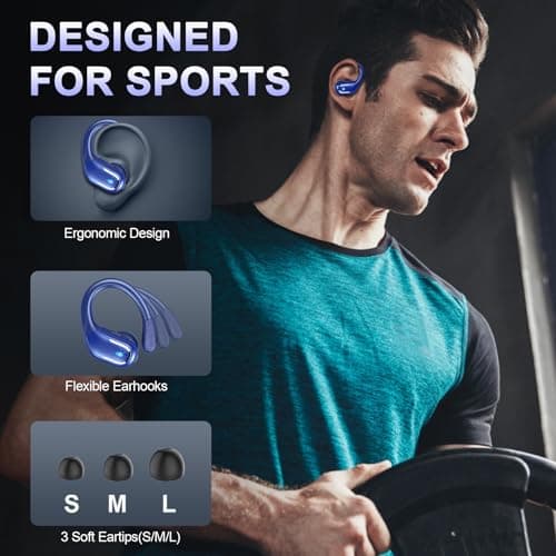 Wireless Earbud Bluetooth 5.4 Headphones 75Hrs Playtime, 2025 Bluetooth Earbuds Deep Bass Noise Cancelling Mic, Over Ear Bud with Sport Earhooks, IPX7 Waterproof LED Display, Button Control, Blue 4