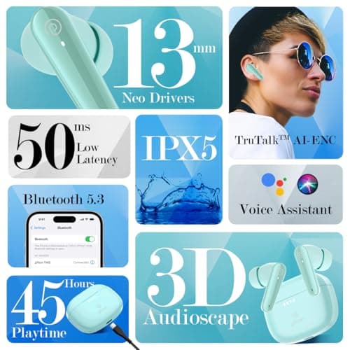 pTron Bassbuds Prism in-Ear TWS Ear Buds w/ 3D AudioScape, 45Hrs Playtime, TruTalk AI-ENC Calls, 50ms Low Latency Sync, BTv5.3, Snug-fit, Type-C Charging, Voice Asst. & IPX5 Water Resistant (Julep) 2