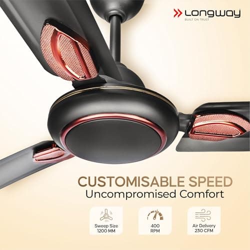 LONGWAY Kiger P1 1200 mm/48 inch Ultra High Speed 3 Blade Anti-Dust Decorative Star Rated Ceiling Fan 2 Years Warranty (Smoked Brown, Pack of 1) 3