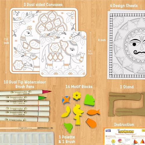 Imagimake DIY Madhubani Art Kit | Make 12 Paintings | Madhubani Painting & Colouring Kit Using Water Brush Pen & Stamps | Art & Craft Kit for Kids & Adults | Gift for Girls Age 8,9,10,11,12 2