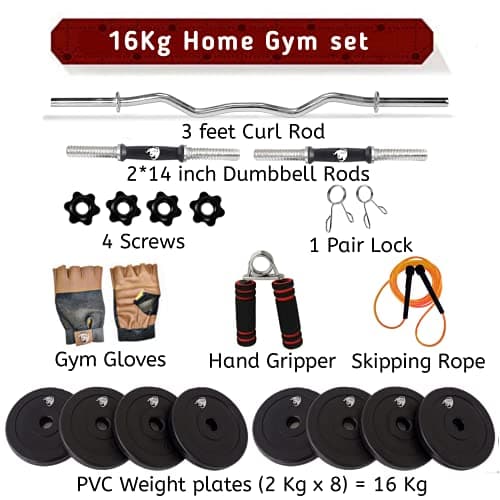 BULLAR Home Gym Set, Home Gym Combo, Home Gym Equipments for Men, Home Gym Kit with 16Kg Weight Plates, 5ft Straight Rod and 3ft curl Rod, 1 Pair Dumbbell rods & Accessories 2