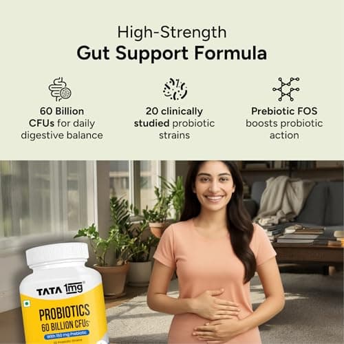 Tata 1mg Probiotics 60B CFU | 20 Probiotic Strains with 150 mg Prebiotic | Gut Health, Digestion & Immunity Support | 60 Vegetarian Capsules | No Refrigeration Needed 3