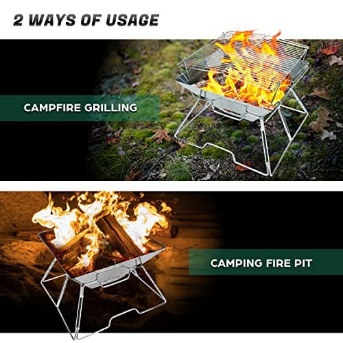 Odoland Folding Campfire Grill, Camping Fire Pit, Outdoor Wood Stove Burner, 304 Premium Stainless Steel, Portable Camping Charcoal Grill with Carrying Bag for Backpacking Hiking Travel Picnic BBQ 6