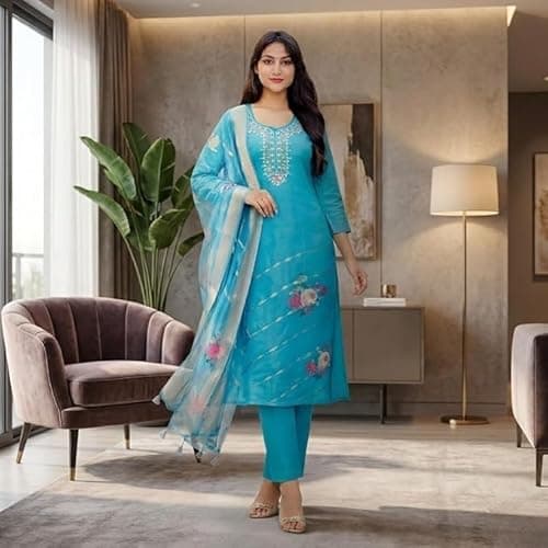 Delhi Fashion Sarees | Elegant Blue Embroidered Kurta Set for Women | Straight Kurti with Floral Dupatta | Ethnic Wear for Festive, Casual & Party 2