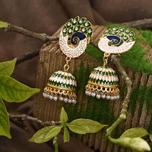Nilu's Collection Party & Wedding Collection Peacock Shape Jhumka Earrings for Women and Girls (Beige & Red) (Green) 4