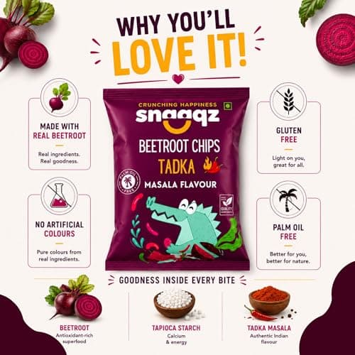 Snaaqz Beetroot Chips Tadka Masala | Crunchy Vegetable Chips | Palm Oil Free | Vegan Gluten Free | Healthy Snack for Kids & Adults | 70g Pack of 2 4