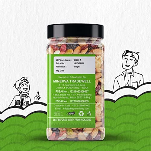 GreenFinity Absolute Health, Premium Fruit, Nut & Fiber SuperMix, Healthy Mixed Nuts with Dry Fruits | Almonds | Cashews | Cranberry | Pumpkin Seeds | Walnuts, Reusable Jar, 500gm | PACK OF 2 3