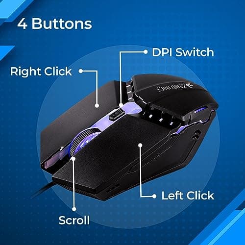 ZEBRONICS PHERO Wired Gaming Mouse with up to 1600 DPI, Rainbow LED Lights, DPI Switch, High Precision, Plug & Play, 4 Buttons 5