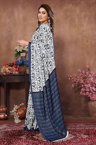 SAREEZAA Women's Dola Silk Floral Printed Woven Sequence Zari Border Saree with Unstitched Blouse Piece (Blue) 3