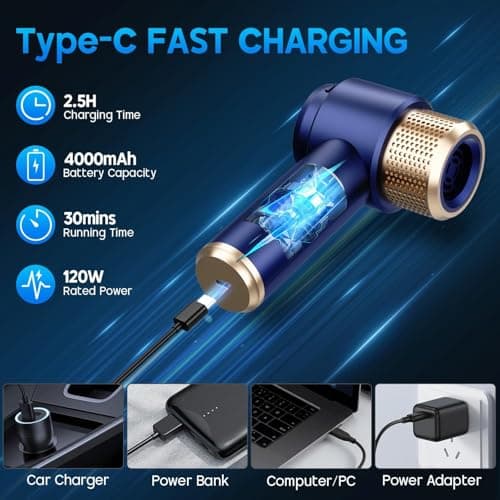 Eliane Handheld Car Vacuum Cleaner 16000PA, Cordless Portable 2-in-1 Air Duster and Vacuum with LED Light- 120W High Power Mini Vacuum, Multi-Nozzle Cleaner for Car, Home, Pet Hair & Office (Blue) 5