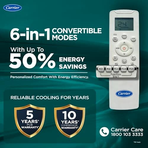 Carrier 1 Ton 3 Star,New Star rated, Flexicool Inverter Split AC (Copper, Convertible 6-in-1 with Smart Energy Display, Insta Cool, Auto Clean, PM 2.5 Filter, ESTER EDGE Gxi-CAI12EE3R36F0, White) 5
