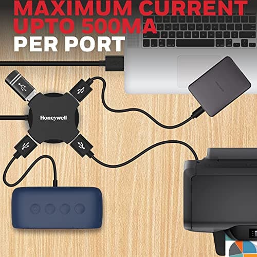 Honeywell 4 in 1 Ultra Slim USB Hub 2.0,1.2Meter(4 feet) Cable, with a Transfer Speed of 480MBPS, Universally Compatible with All USB PC Speaker Laptop Hard Drive Keyboard Printer Pen Drive 3