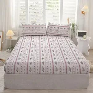DECOMIZER 300 Tc Cotton Feel All Around Elastic Fitted Glace Printed King Size Double Bed Bedsheet with 2 Large Pillow Covers Fits Upto Mattress of 8 Inches, Size - 72x78x10 Inch, Magenta Small Lines