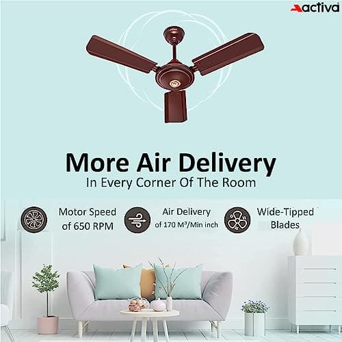 ACTIVA Apsara 900mm Ceiling Fan, 650 RPM High Speed Air Delivery, 3 Wide Tipped Blades, Anti Dust Coating, 60 Watt Motor, 2 Years Warranty (Brown) 4