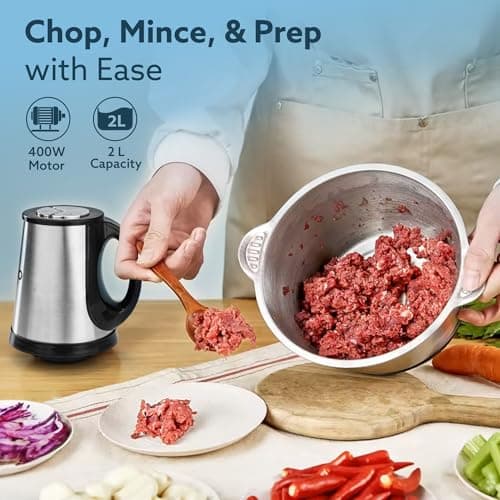 AGARO Delite Vegetable & Meat Chopper for Kitchen, Garlic Peeler, Egg Whisker, 2L Bowl, 400W Motor, 3 Speed Settings, Meat Grinder, Vegetable Mixer, Stainless Steel Body, Onion, Garlic, Fruits. 2