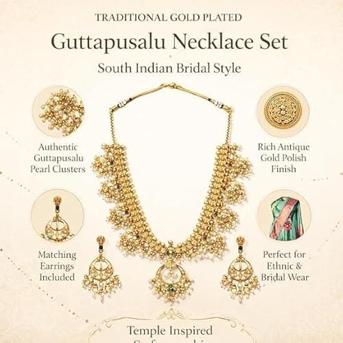 Visaga Aura Traditional Gold Plated Guttapusalu Necklace Set with Matching Earrings for Women | South Indian Bridal Style Imitation Jewellery Set 3